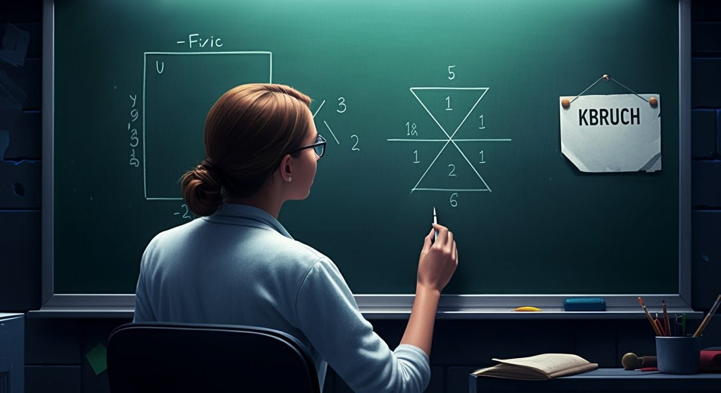 Teacher in Cyberpunk Setting Writes Fraction on Blackboard w...