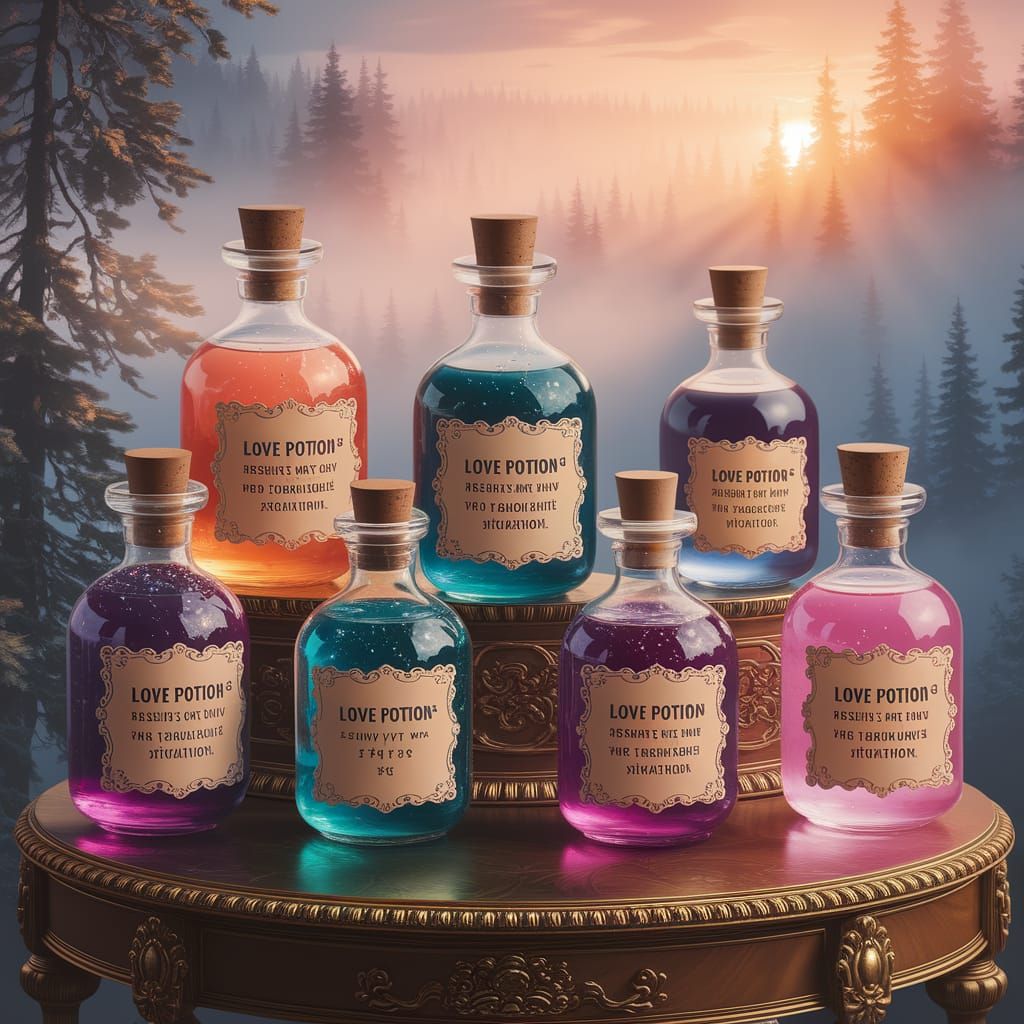 Fantasy Magic Potions in Whimsical, Golden Light