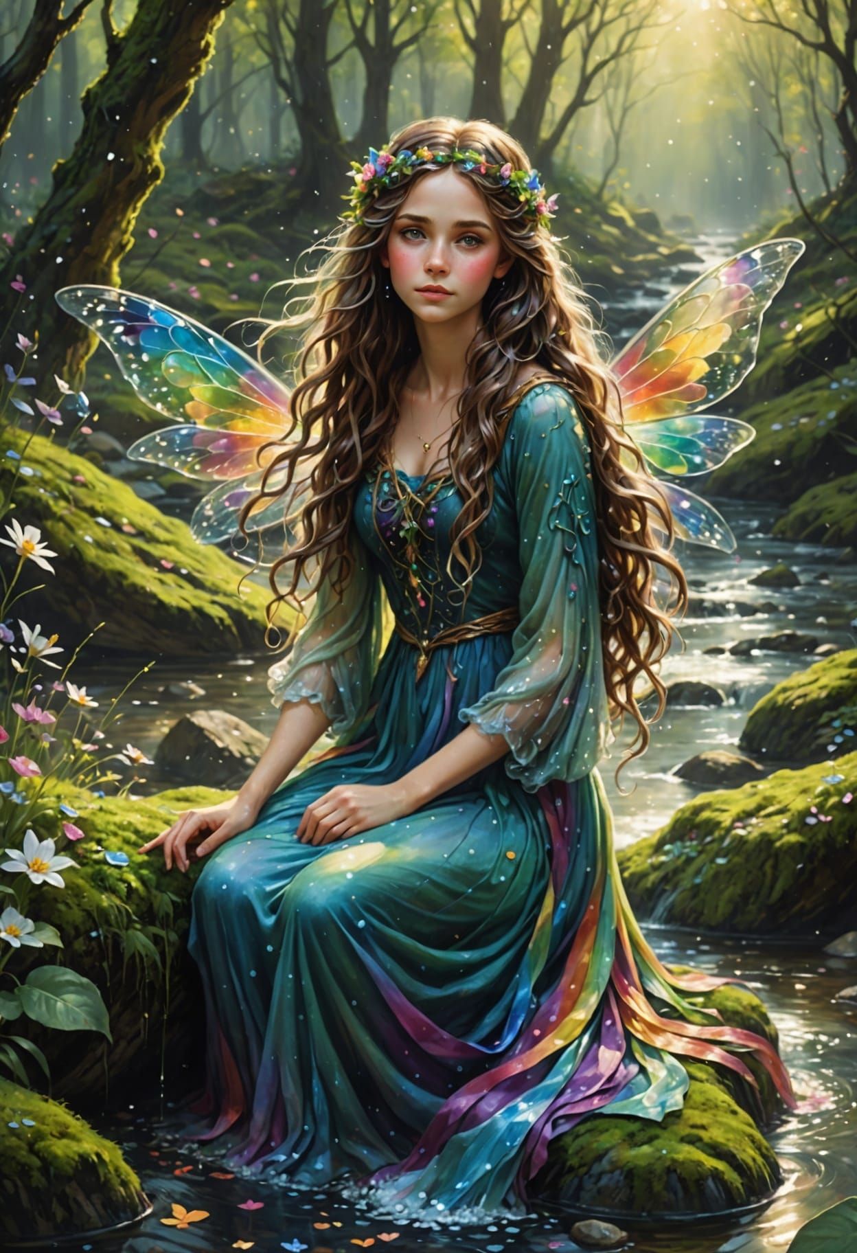 Whimsical Forest Nymph in Flower Woven Gown