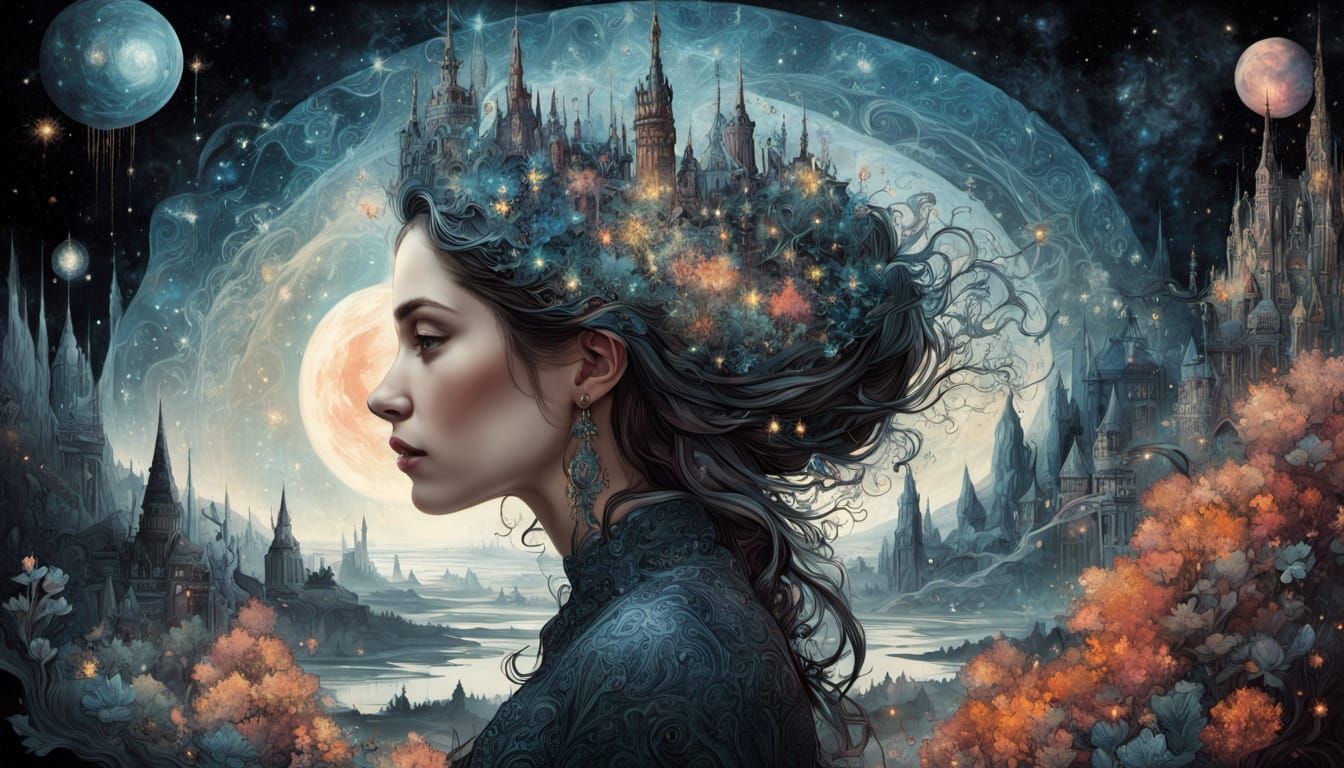 Galactic Landscape with Princess in Double Exposure