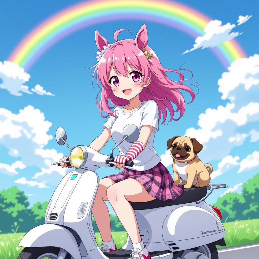 Anime Girl with Horse Ears on Scooter, Cel-Shaded Style