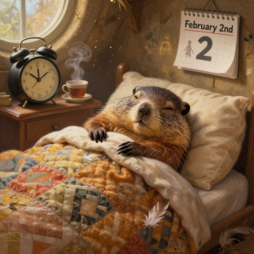 Cozy Groundhog Sleeping in Burrow Bedroom on Groundhog Day