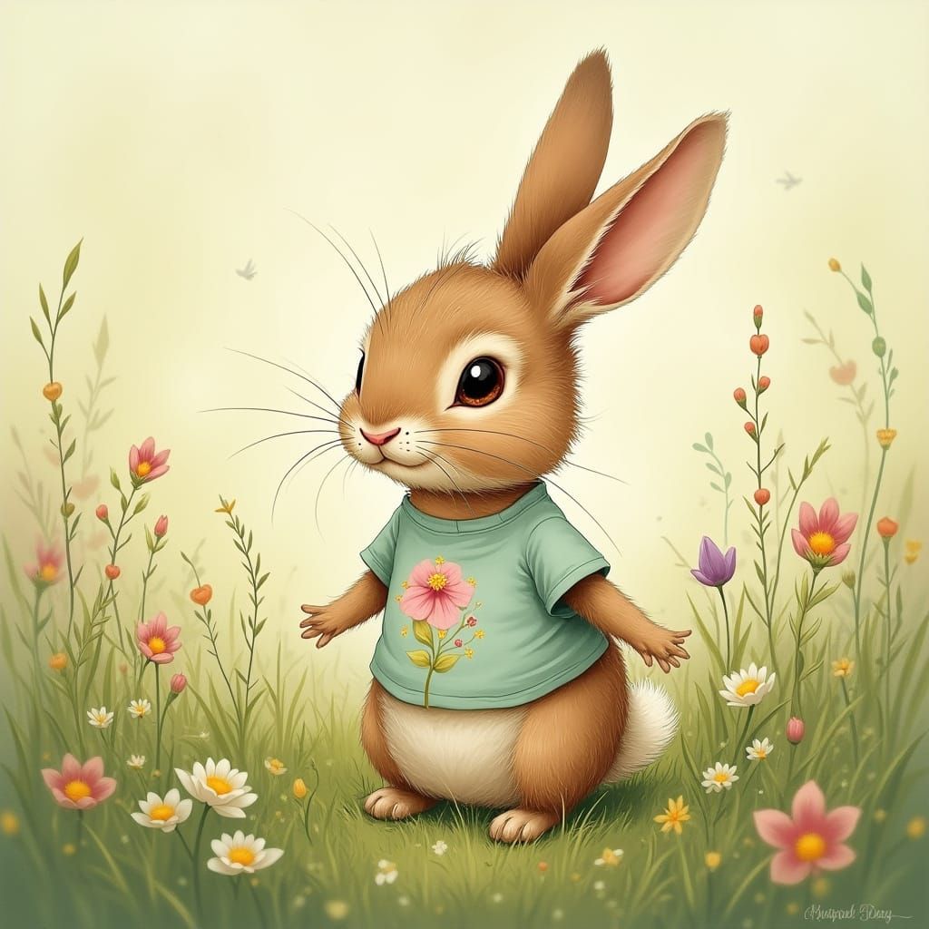 Whimsical Baby Rabbit in Meadow Wearing T-Shirt
