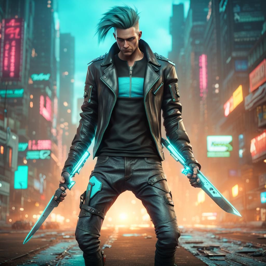 Cyberpunk Warrior with Energy Swords in 3D