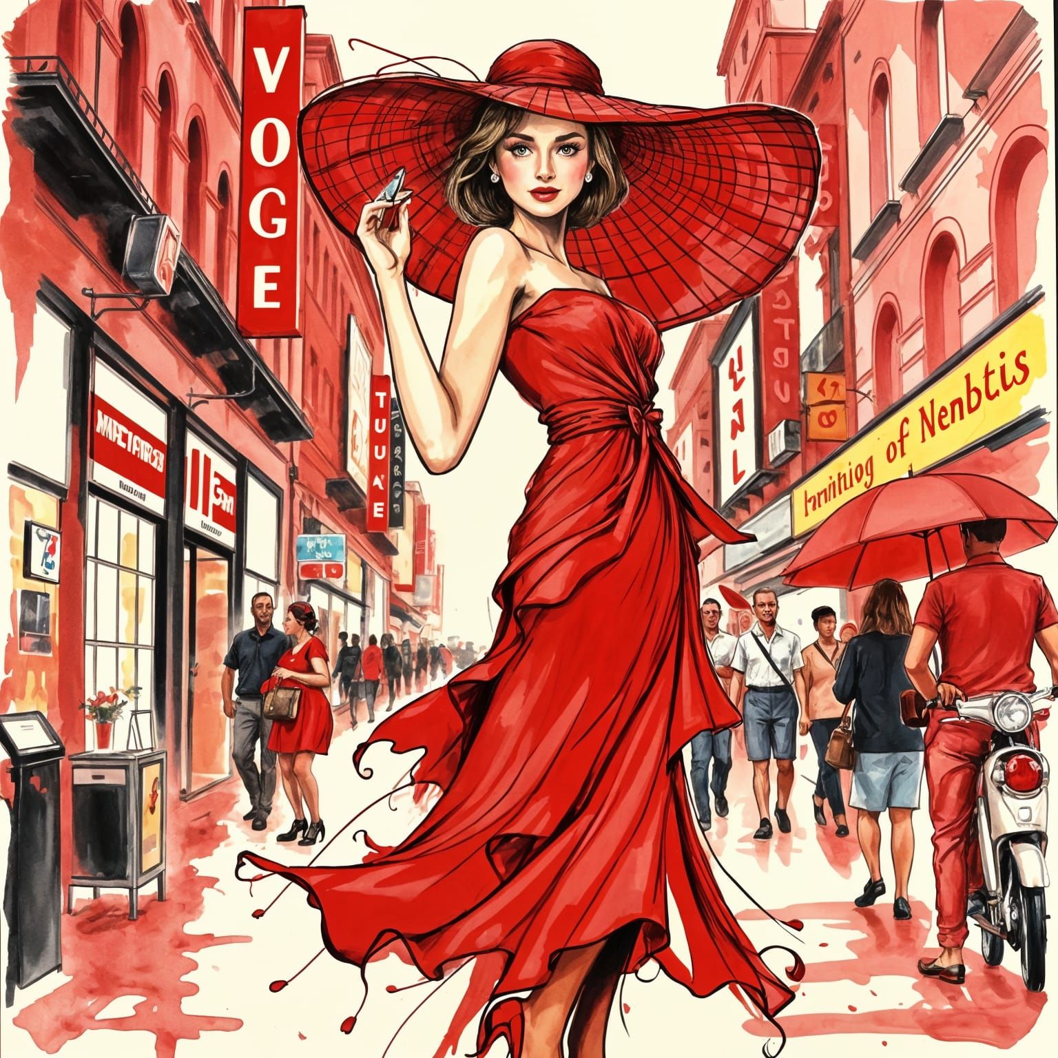 Woman in Red Dress: Vogue-Style Illustration