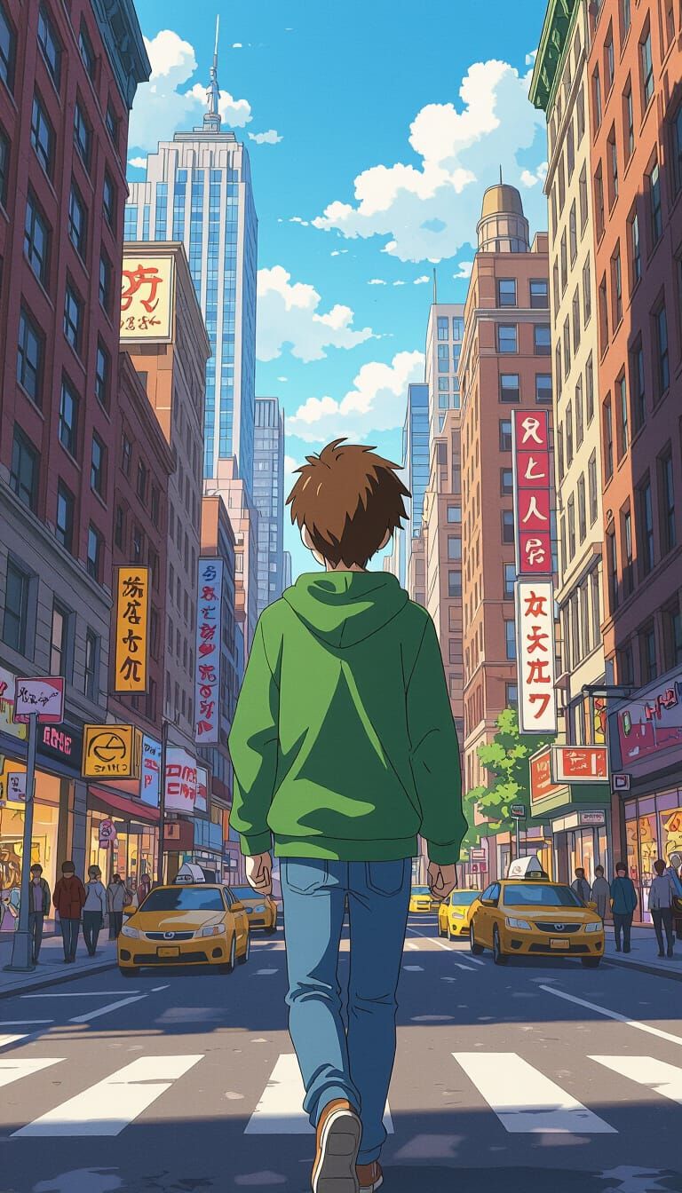Anime Boy Walks to Store in Vibrant NYC