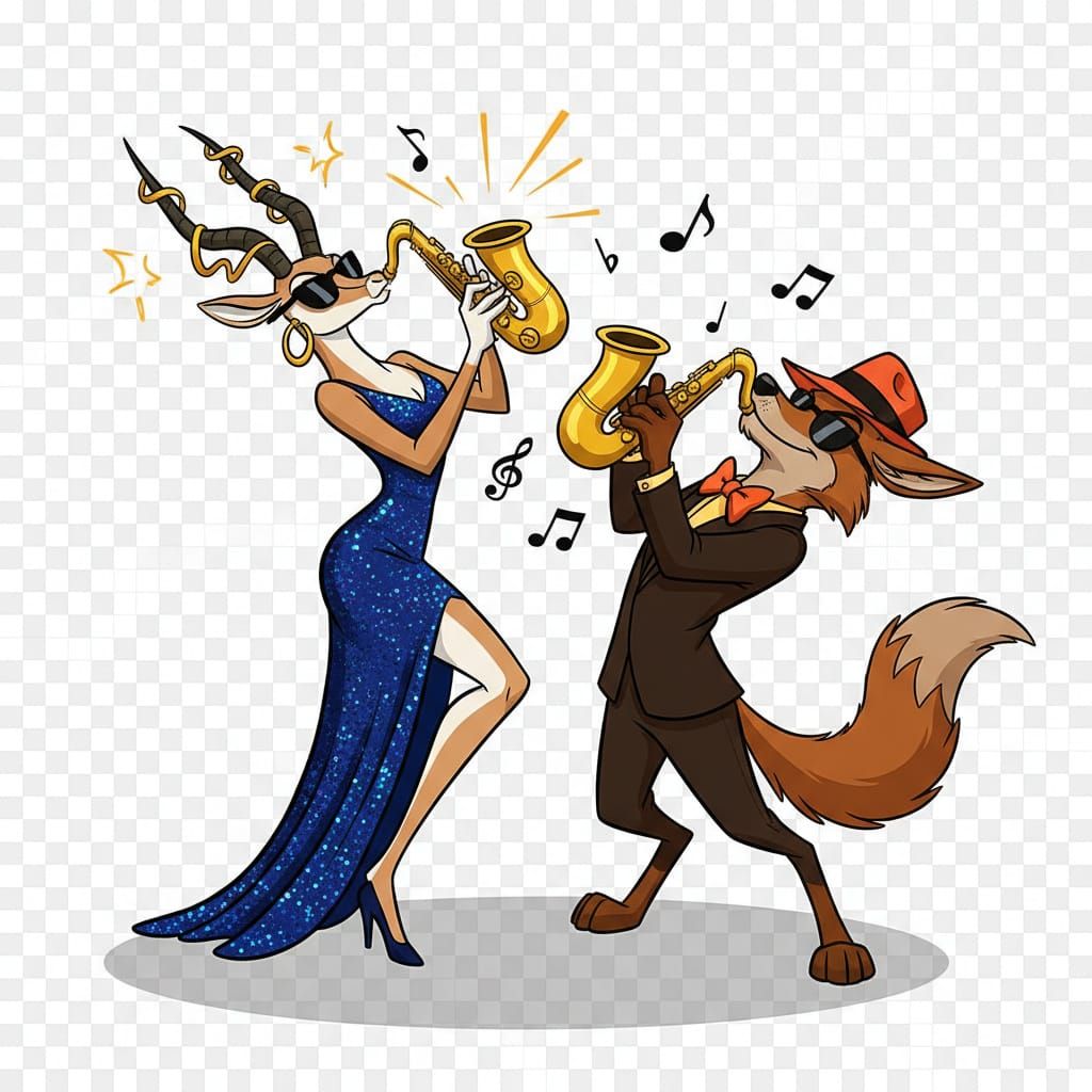 Cartoon Jazz Duet: Animals Play Saxophones in Disney Style