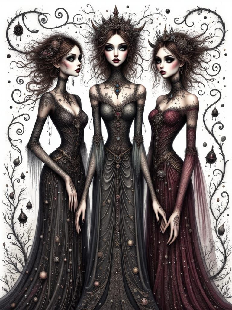 Gothic Fantasy: Ethereal Figures in Shimmering Gowns