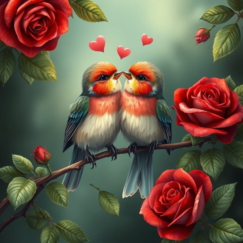 Lovebirds in Whimsical Floral Wonderland
