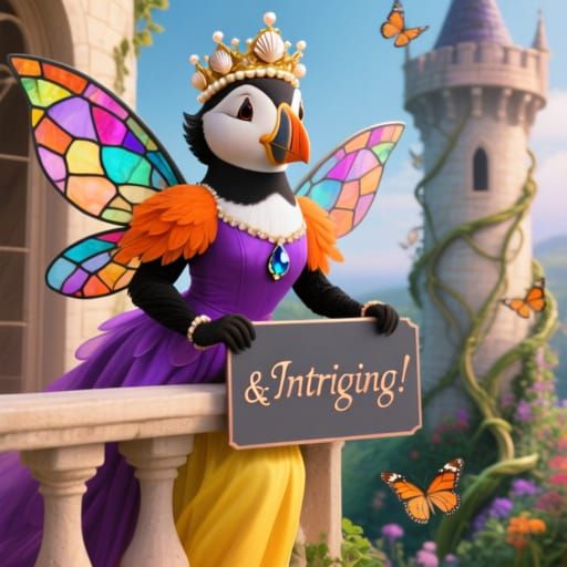 Puffin Fairy with Stained Glass Wings on Balcony