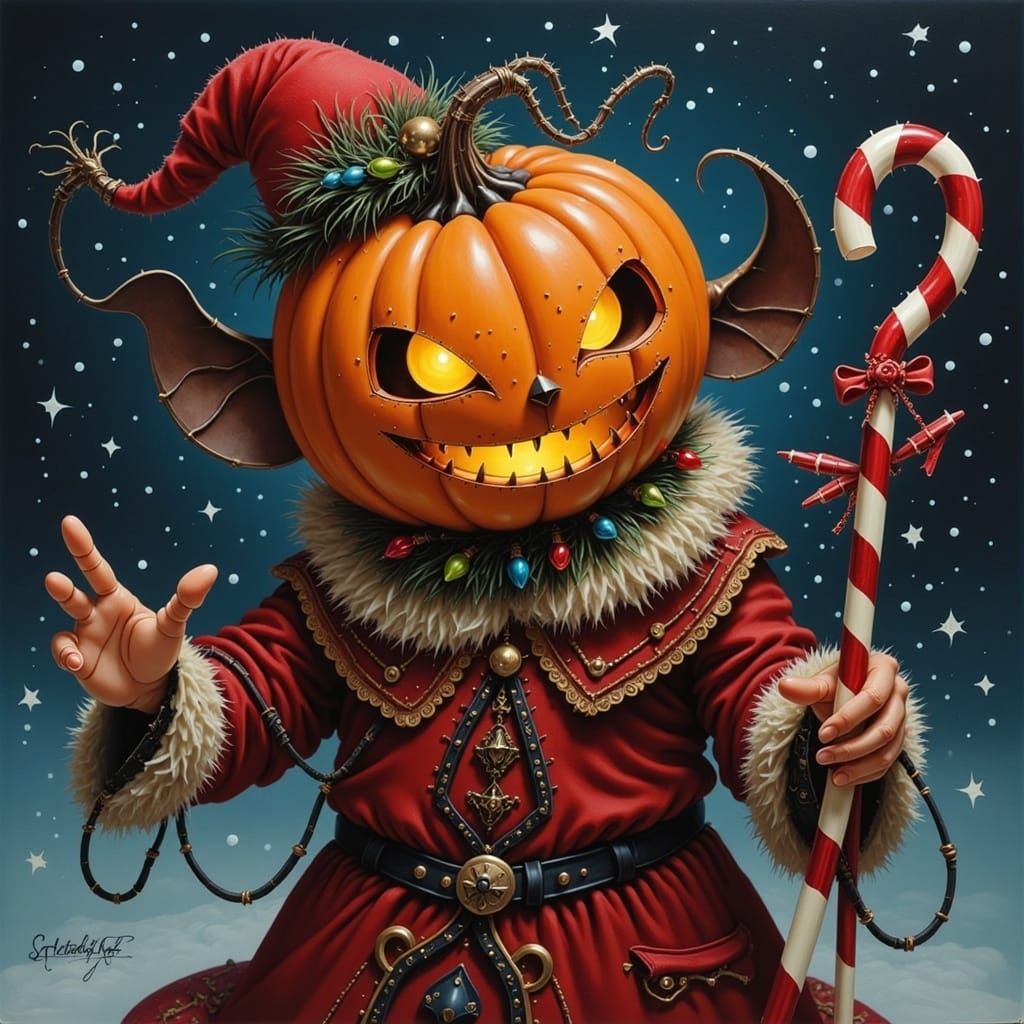 Festive Pumpkin-Headed Figure in Falling Snow