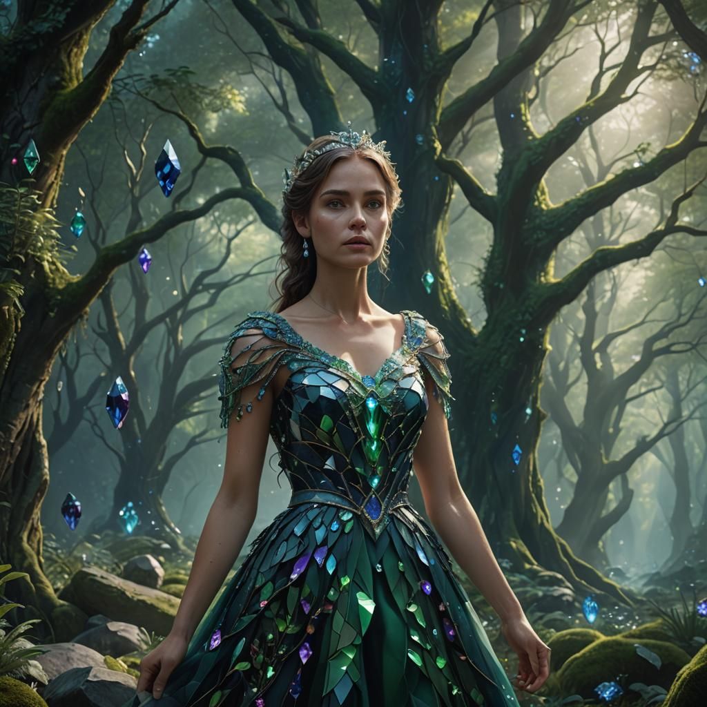 Woman in Gemstone Dress in Mystical Forest