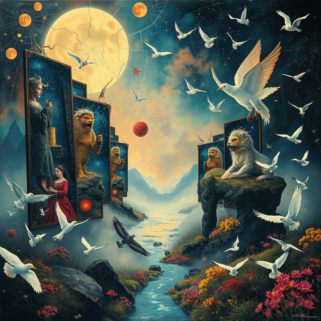 Surreal Dreamscape Collage with Mythical Creatures