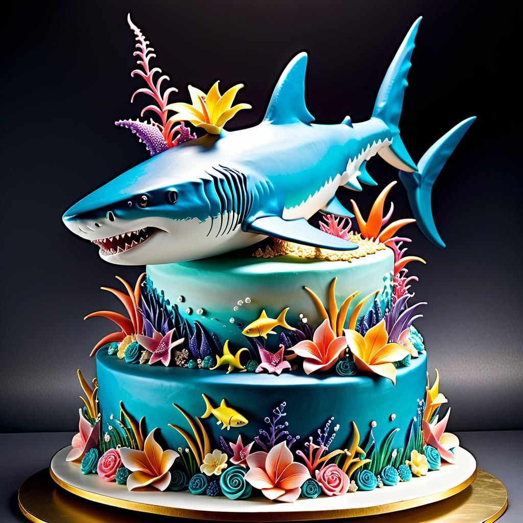 Elaborate Shark Cake Sculpture in Pastel Colors
