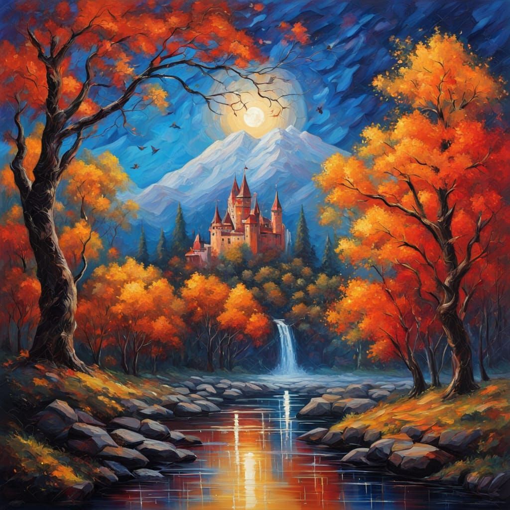 Majestic Castle Scene with River and Moonlit Sky
