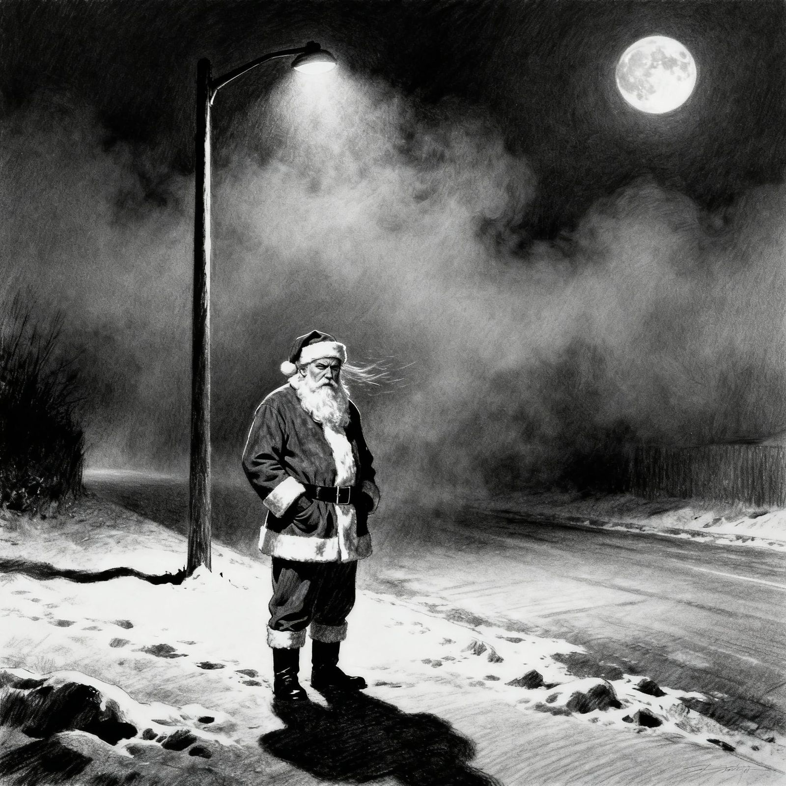 Gritty Santa in Foggy Noir Style
