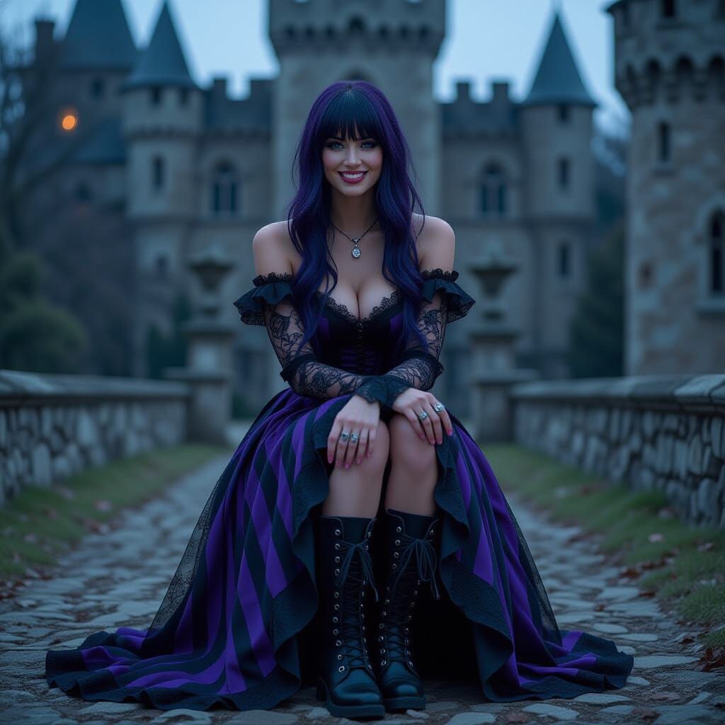 Gothic Woman in Lace and Combat Boots at Castle