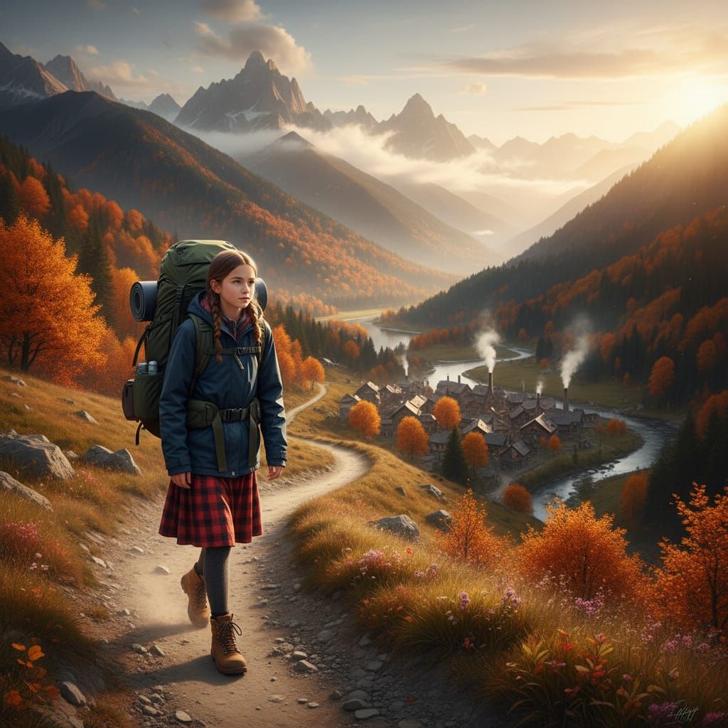 Girl Hiking Autumn Mountains Golden Hour