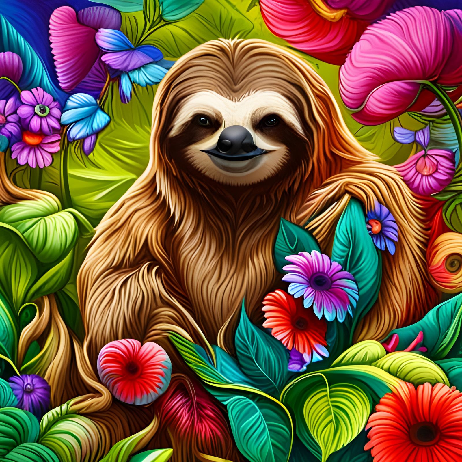 Colorful Sloth in Flowers: Graffiti Art