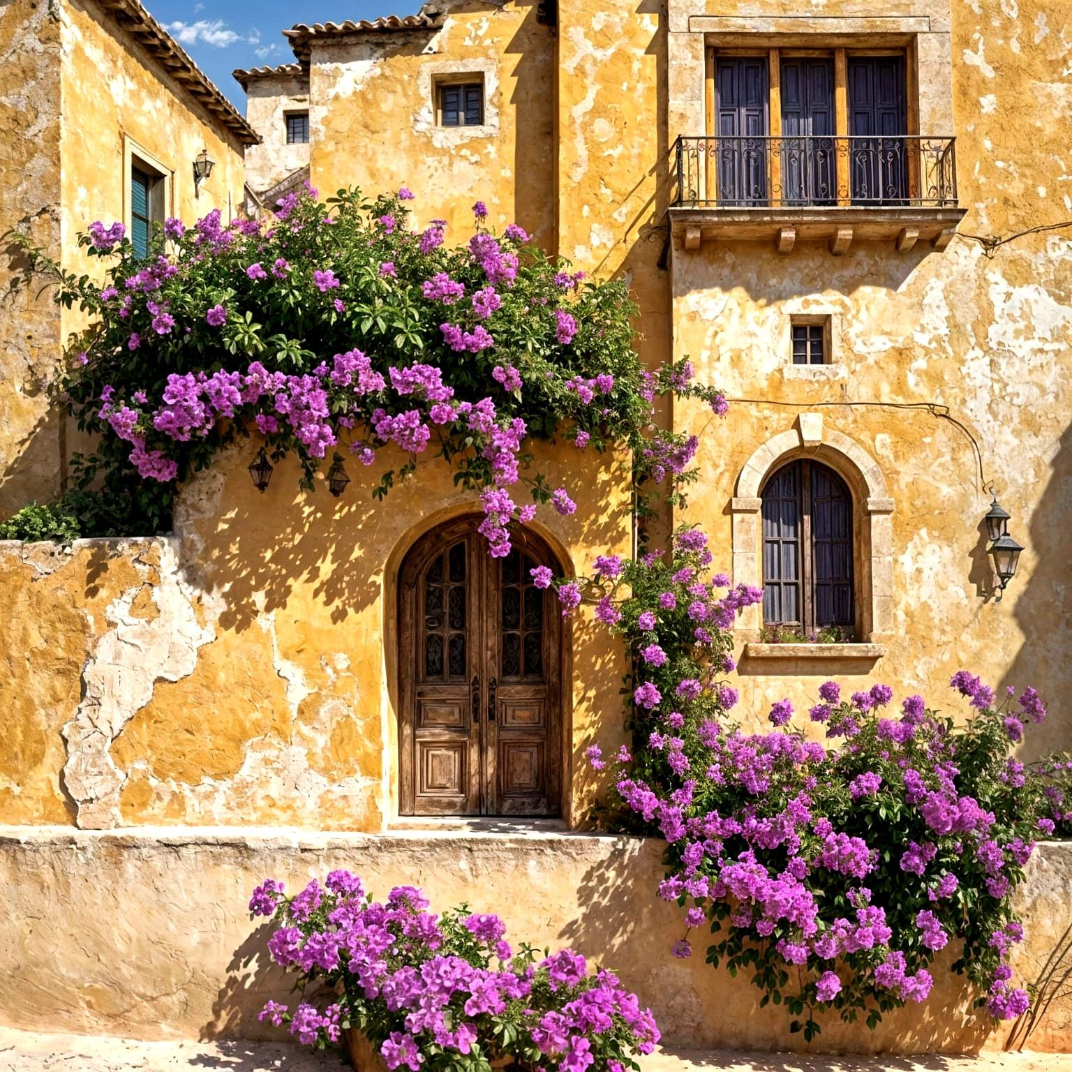 Italian Villa Facade with Bougainvillea in Matte Painting St...