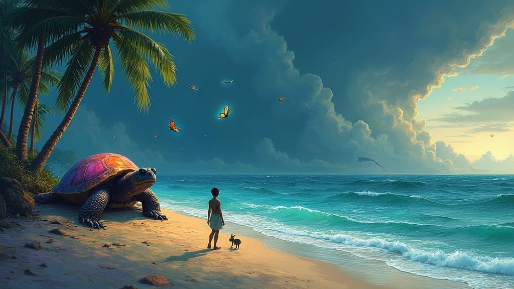 Luminous Tropical Oasis with Whimsical Creatures and Majesti...