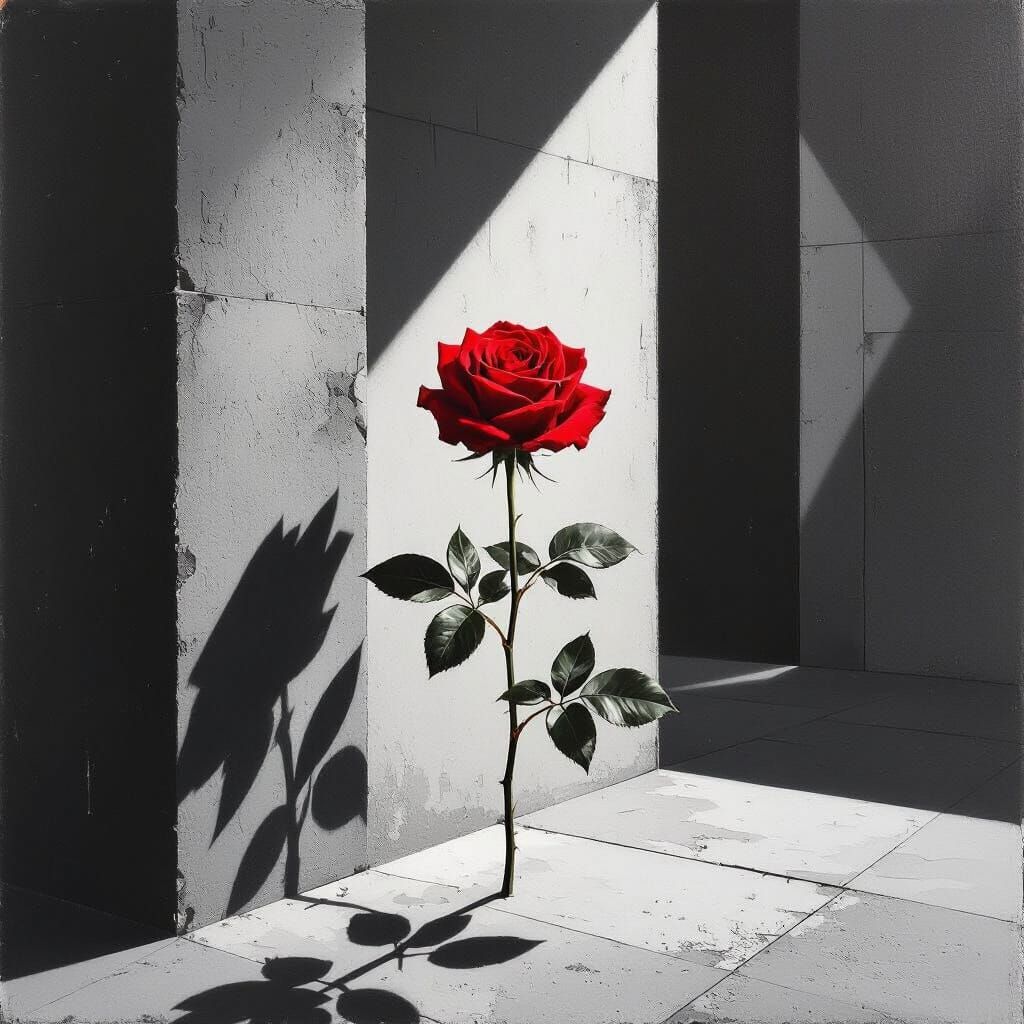 Vibrant Red Rose Amidst Stark Architectural Lines