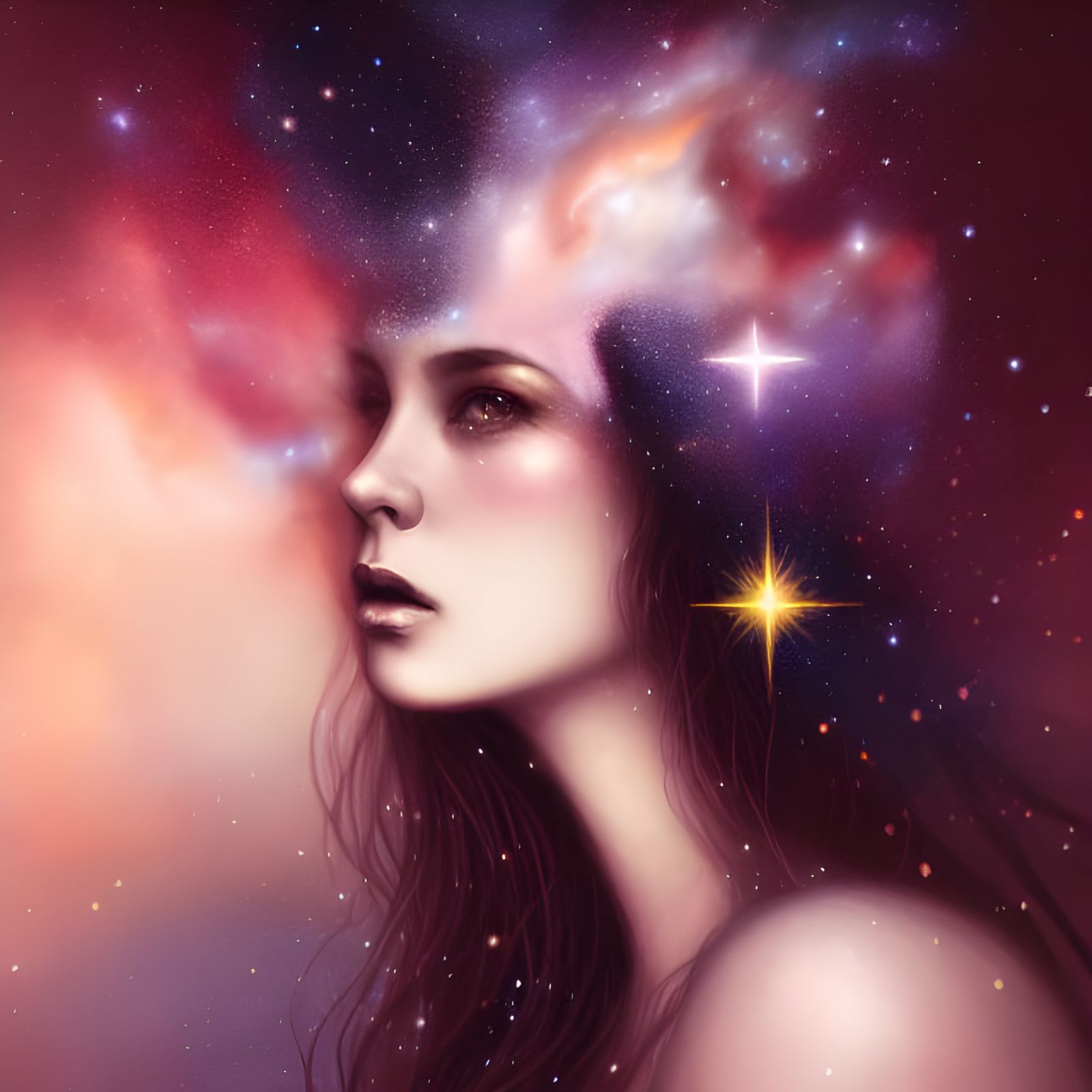 Woman with Stars in Forehead, Hyperdetailed Portrait