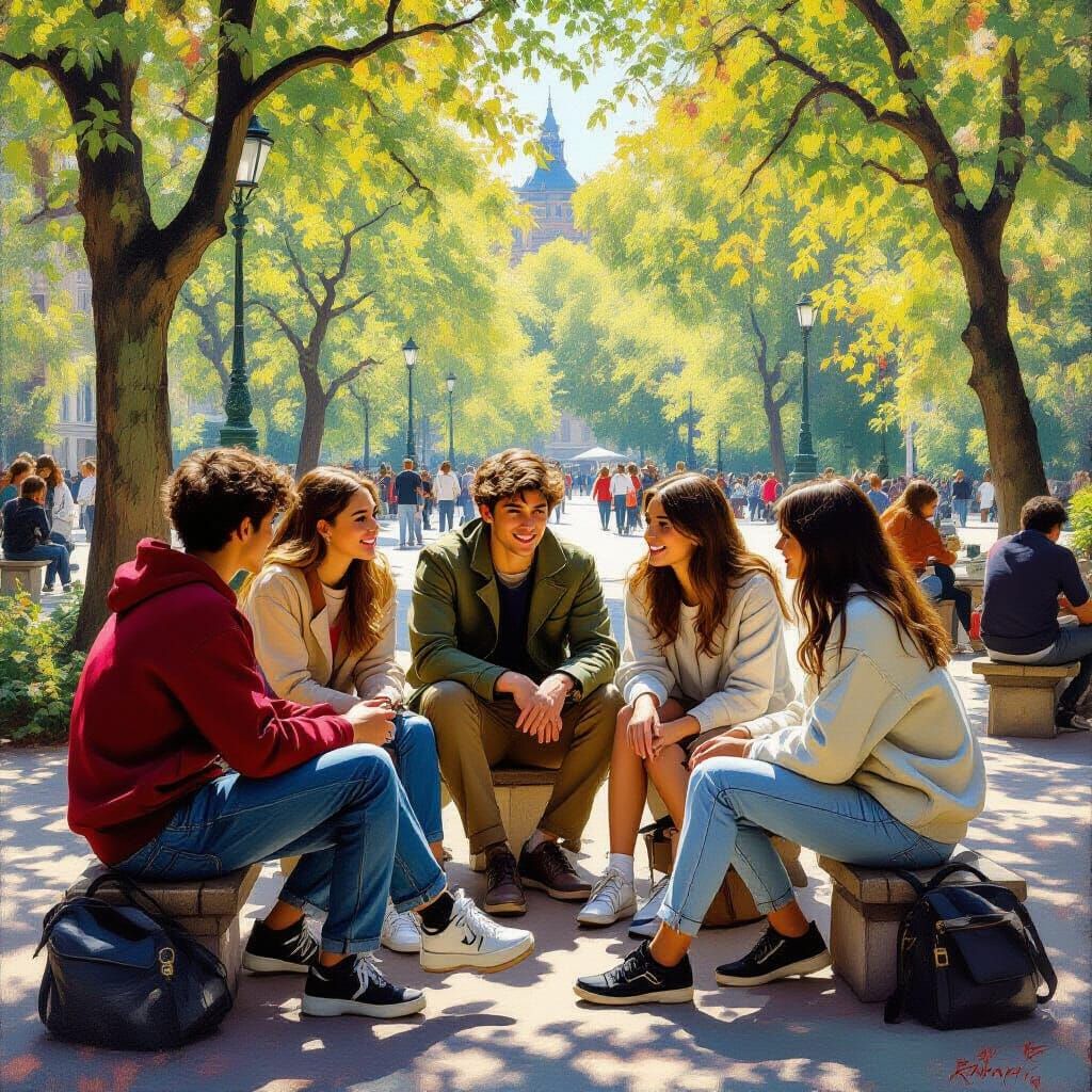 Teenagers Enjoying a City Park in Raphael's Style