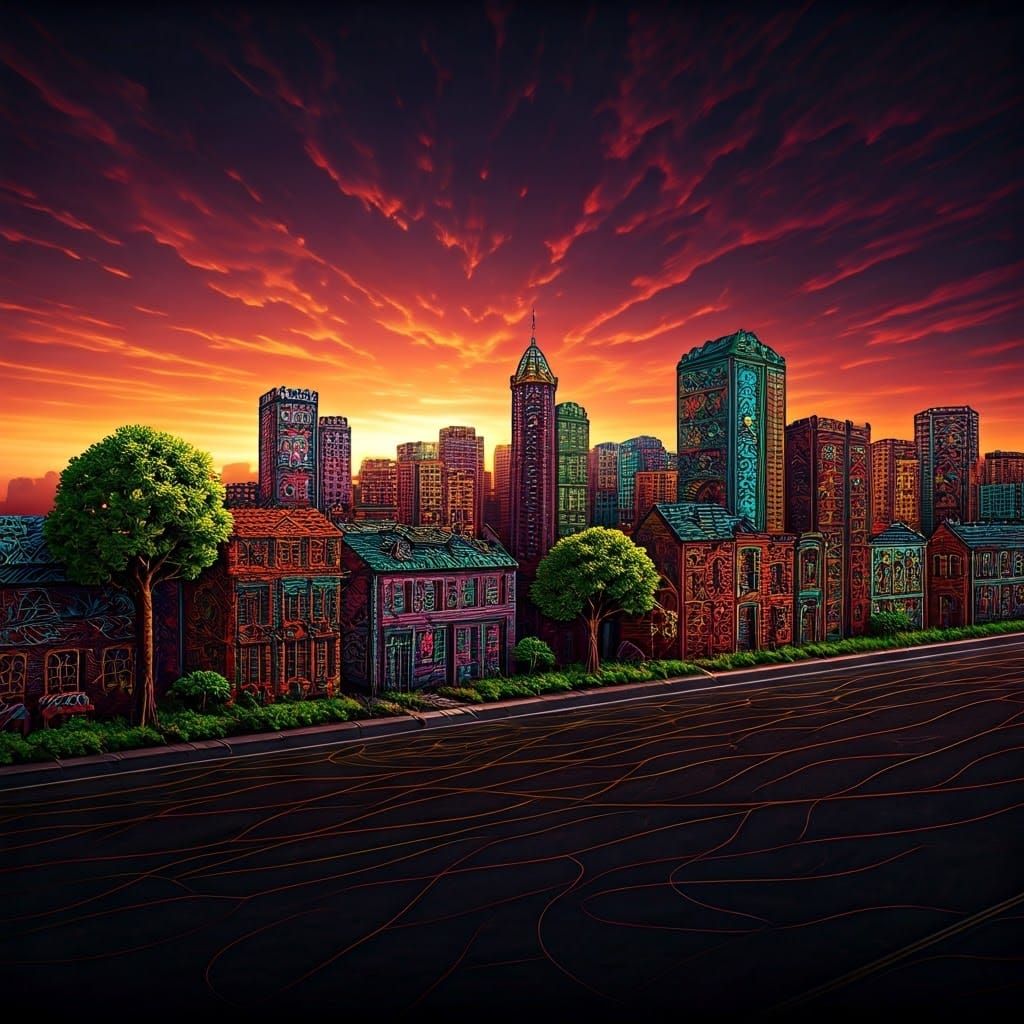 Vibrant String Art Cityscape with Sunset