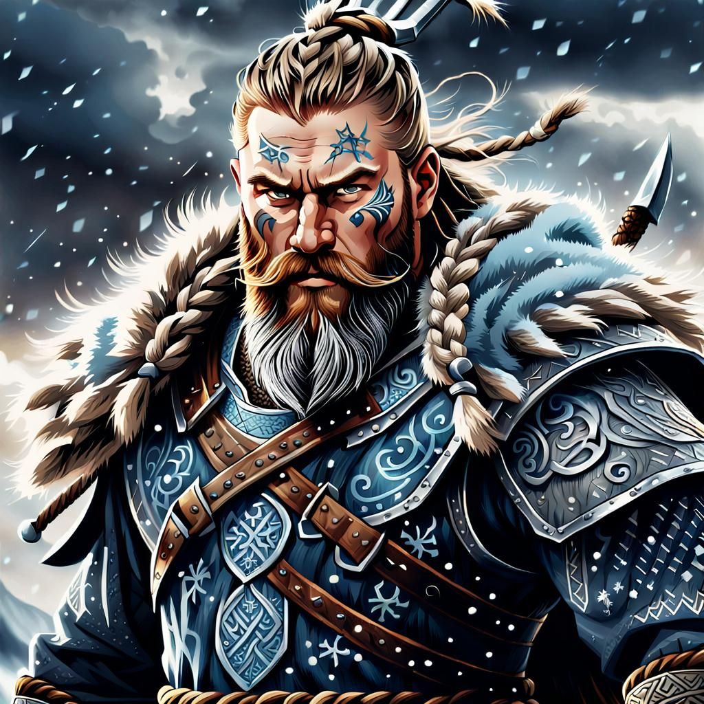 Viking Warrior with Sword Beard in Nordic Folk Art