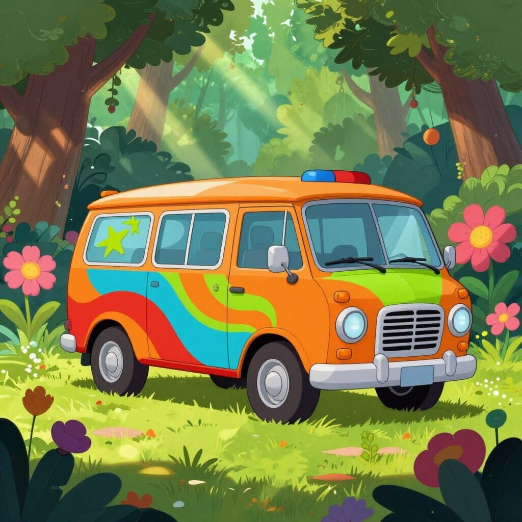 The Mystery Machine Van in a Psychedelic Forest Clearing
