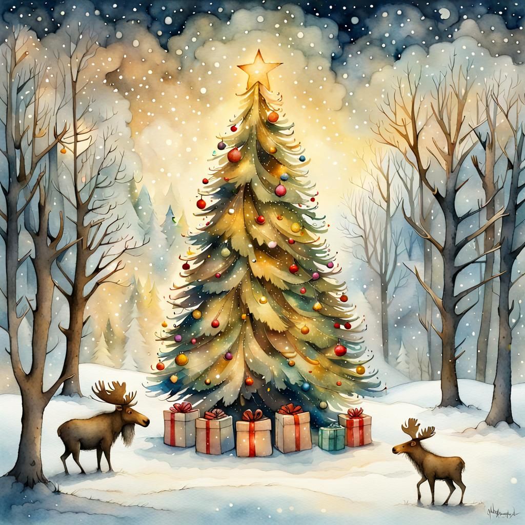 Festive Moose Family Christmas: Watercolor Illustration