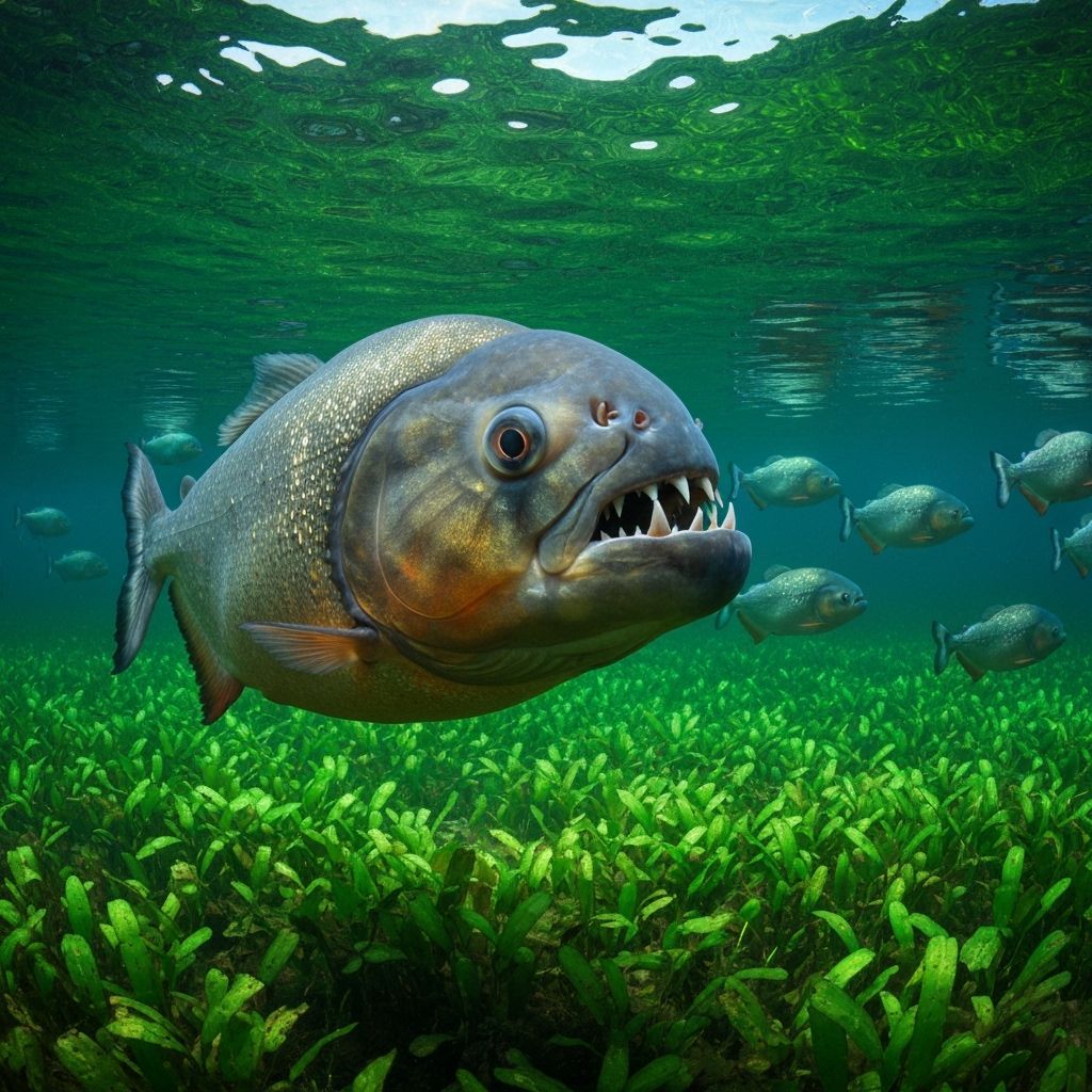 Piranha Portrait in Natural Pond, Scientific Illustration