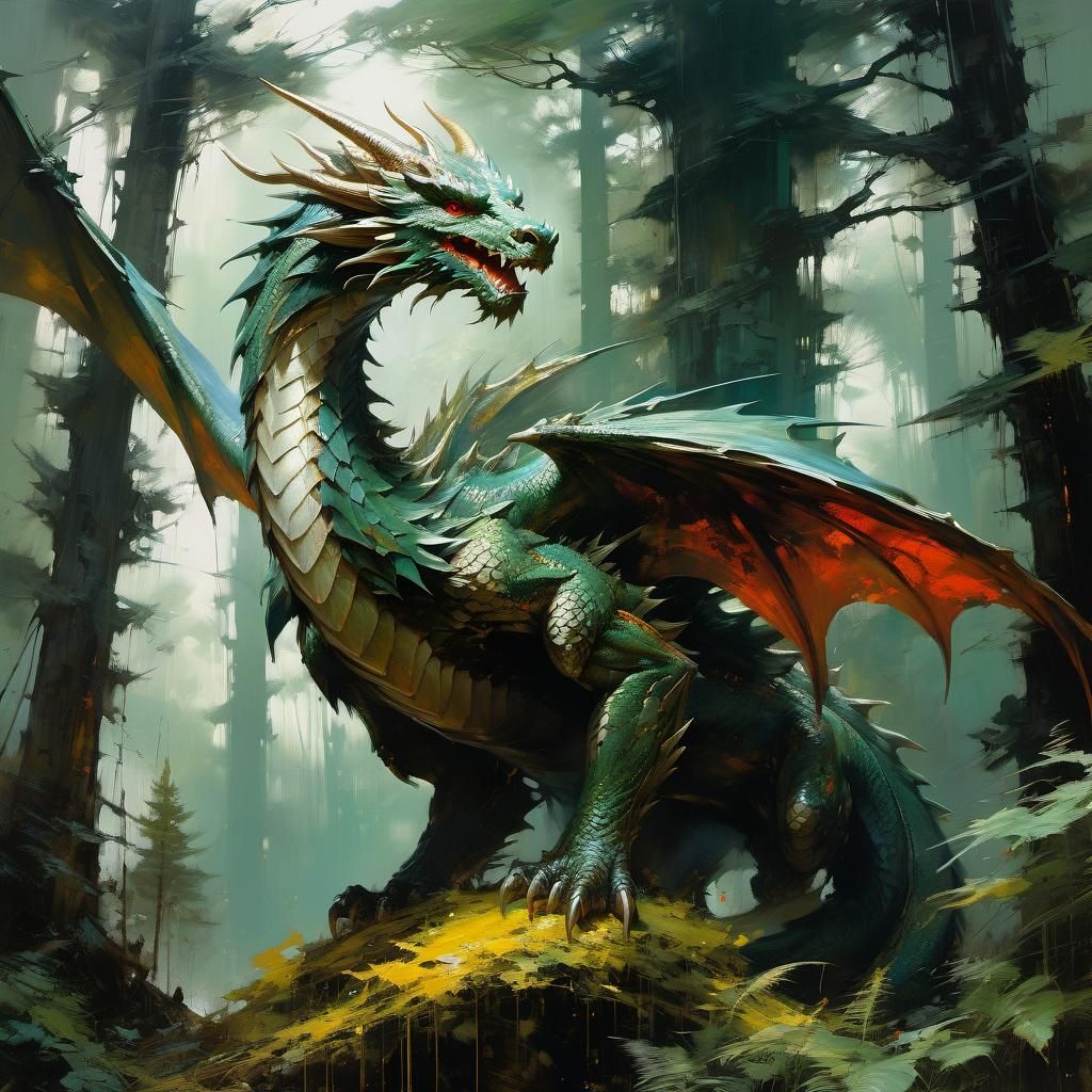 Winged Dragon in Forest: Detailed Fantasy Painting