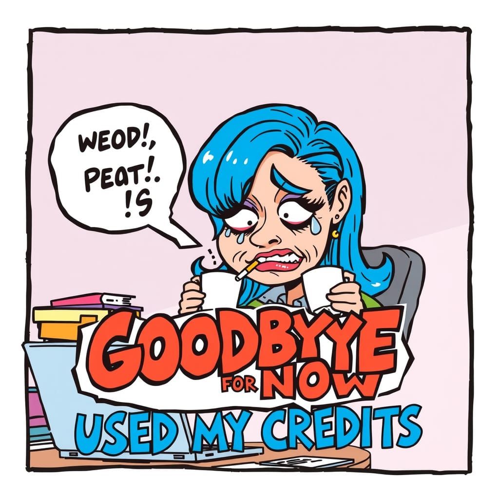 Vibrant Blue-Haired Woman in Frustrated Cartoon Style