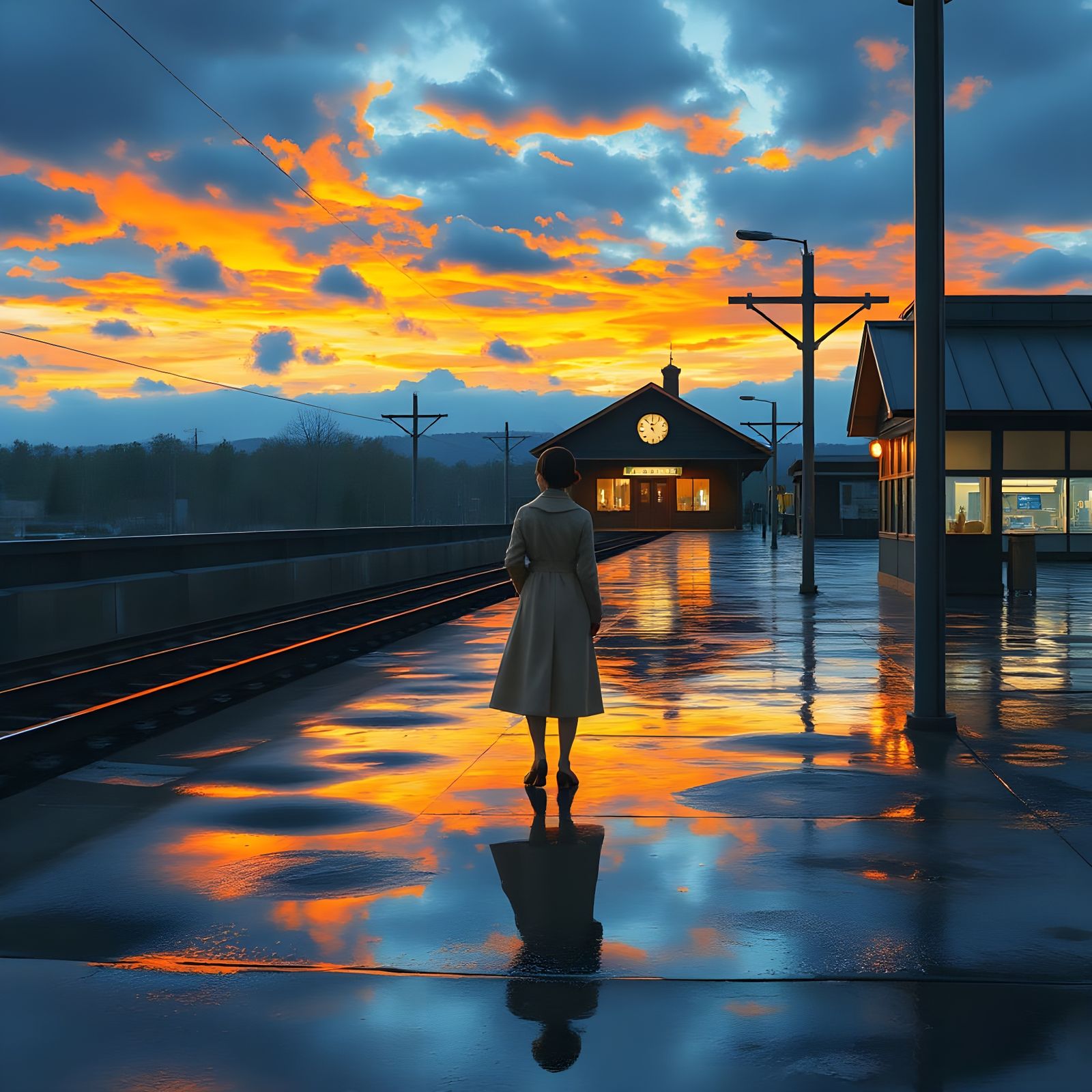 Serene Rain-Soaked Train Station at Dusk