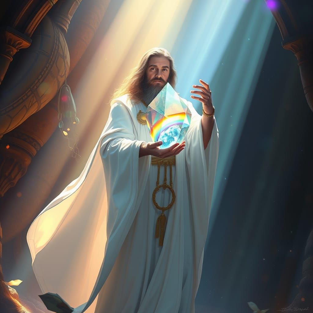 Druid with Rainbow Crystal in Digital Art Style