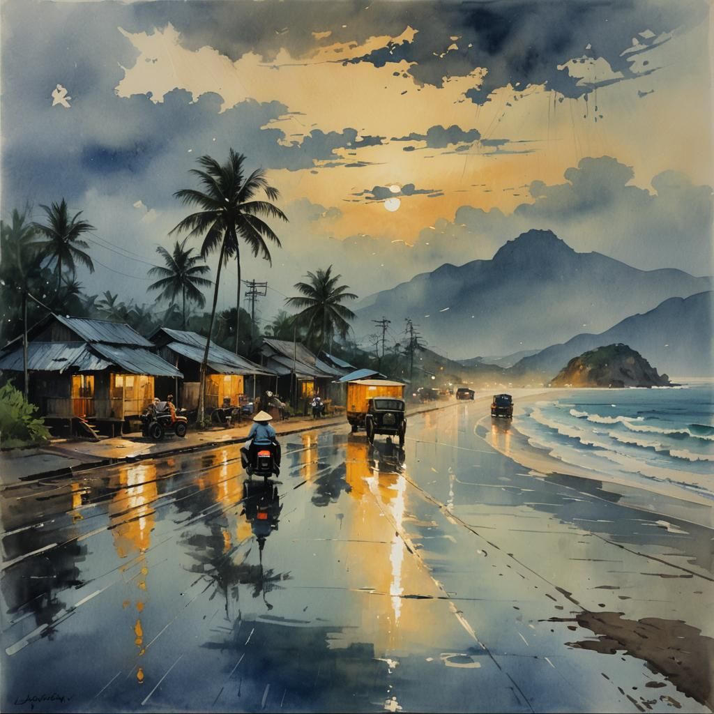 Rainy Night Drive Along Vietnam Coastline