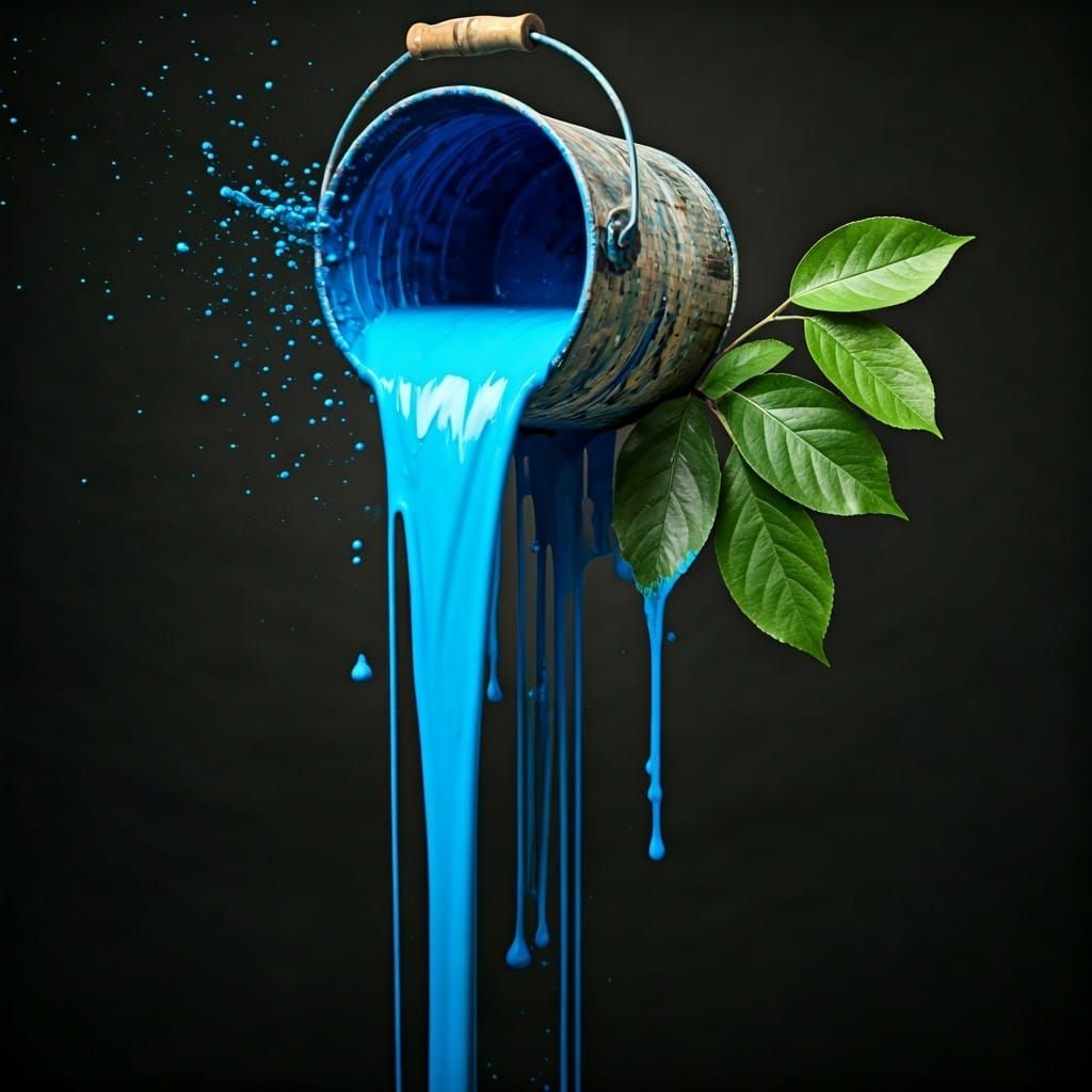 Vibrant Blue Paint Forms Delicate Branch with Leaves in Abst...