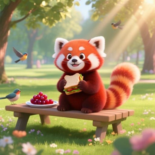 Adorable Red Panda Enjoys Picnic in Sunny Park