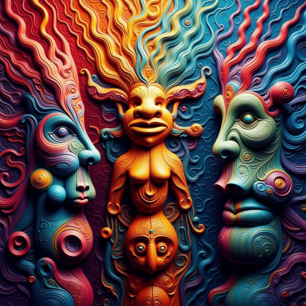 Tiki Figures Amidst Exploding Color Swirls