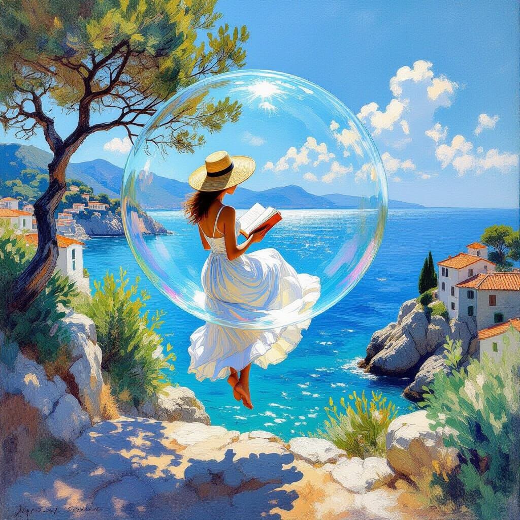Impressionist Painting of Woman Reading in Levitating Bubble