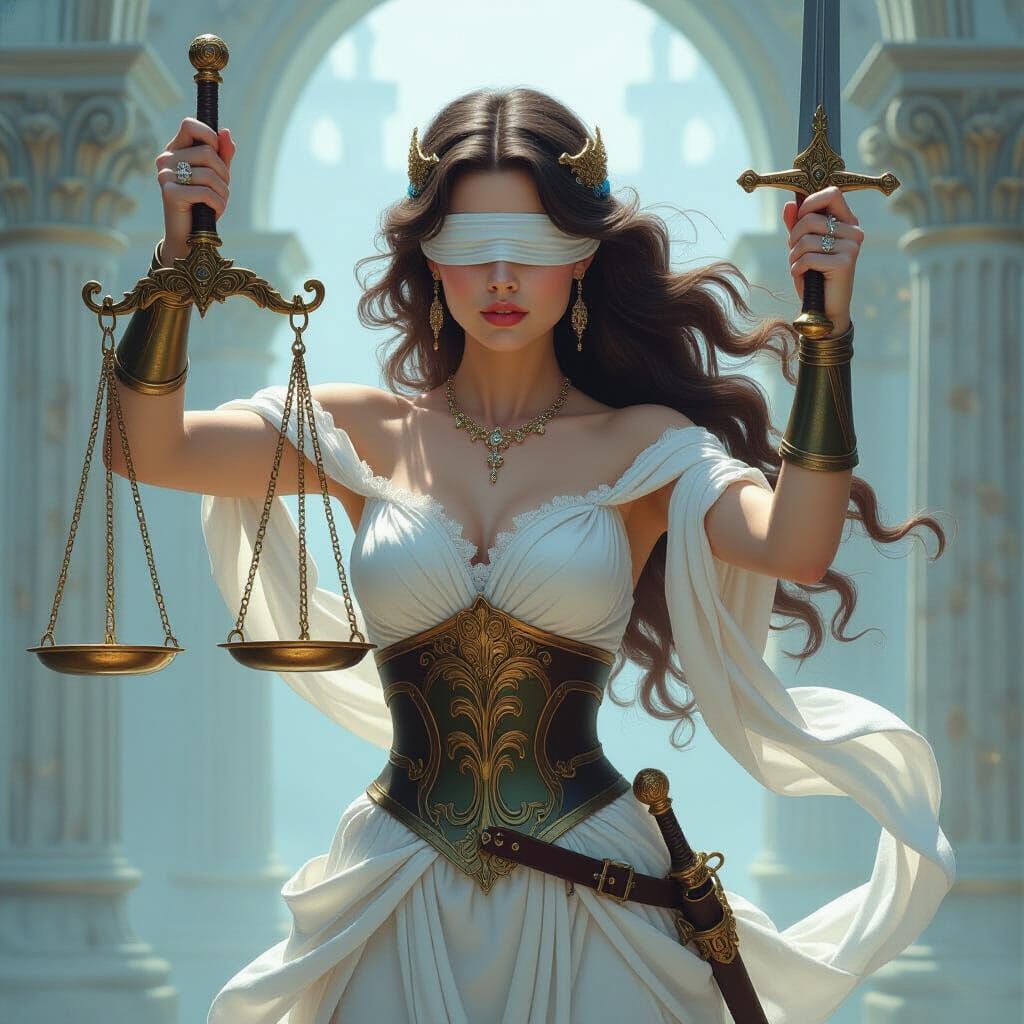 Blindfolded Goddess of Justice with Scales and Sword