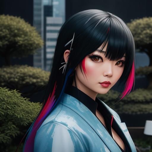 Chibi Asian girl tending a Japanese Bonsai  in urban garden boxes  , model of Tokyo, inside bonsai urban garden graffiti...