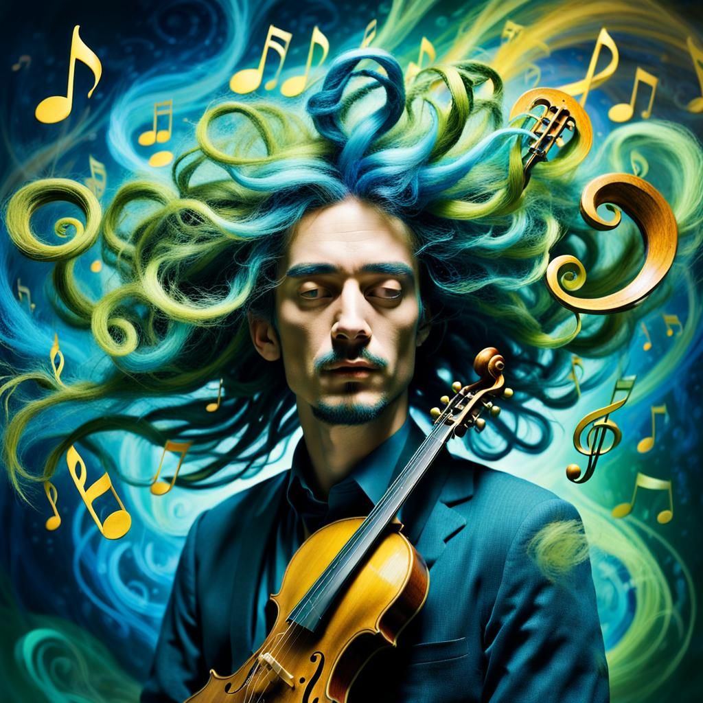 Surreal Musician Portrait with Flowing Musical Hair