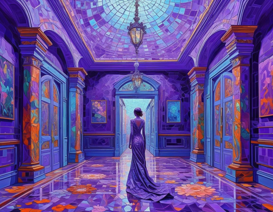 Ethereal Figure's Luminous Stride in Abstract Landscape