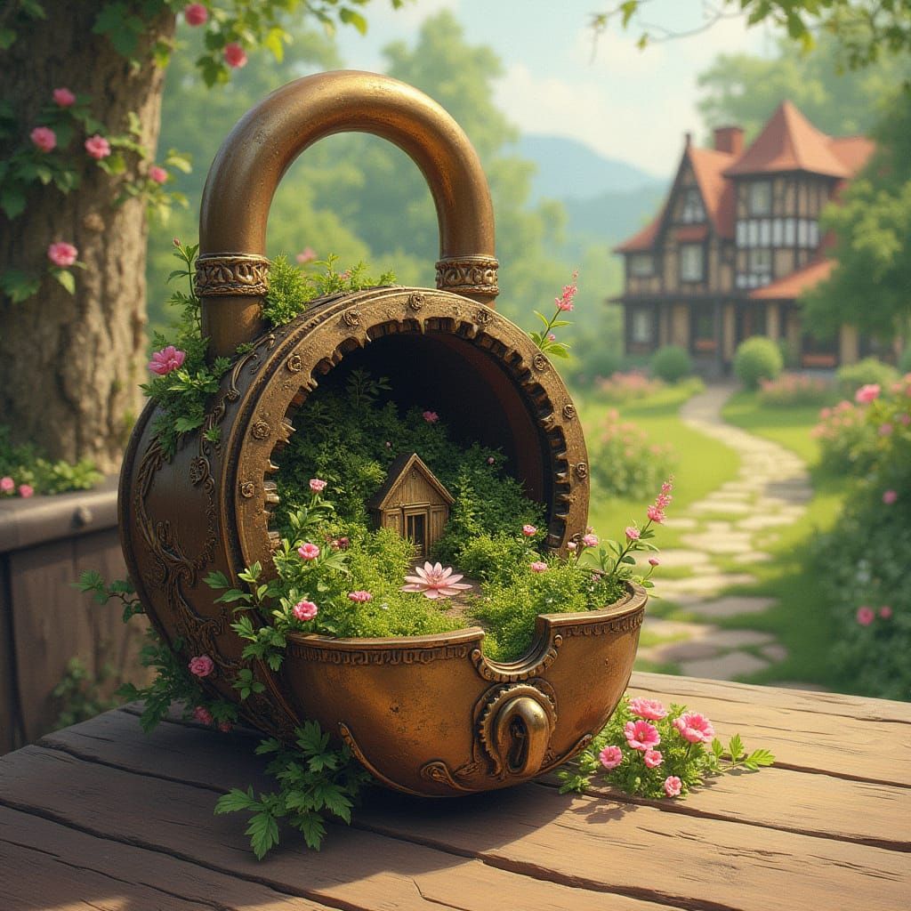 Bronze Lock with Secret Garden and Distant House in Pink Blo...