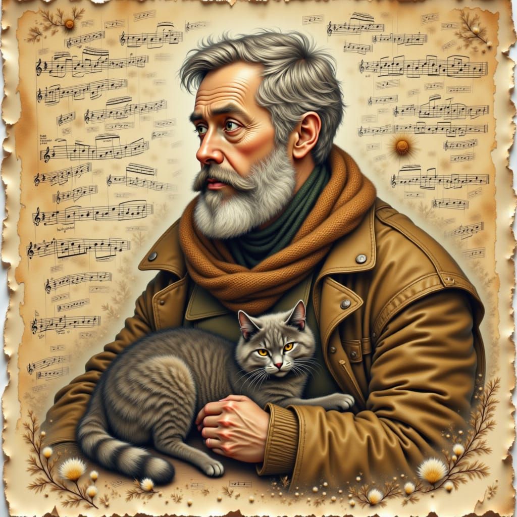 Man and Cat Portrait with Musical Motifs