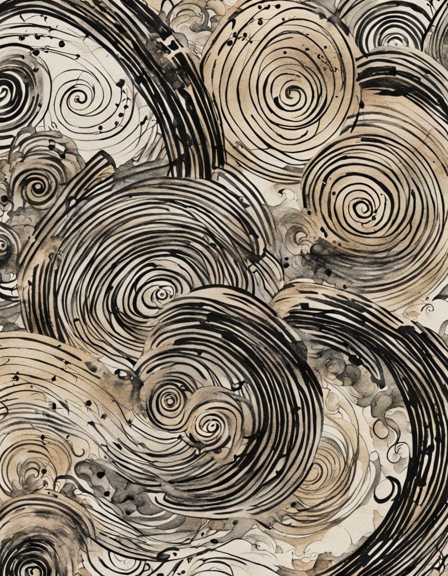 Japanese Ink Sketch Spiral Pattern in Sumi-e Style