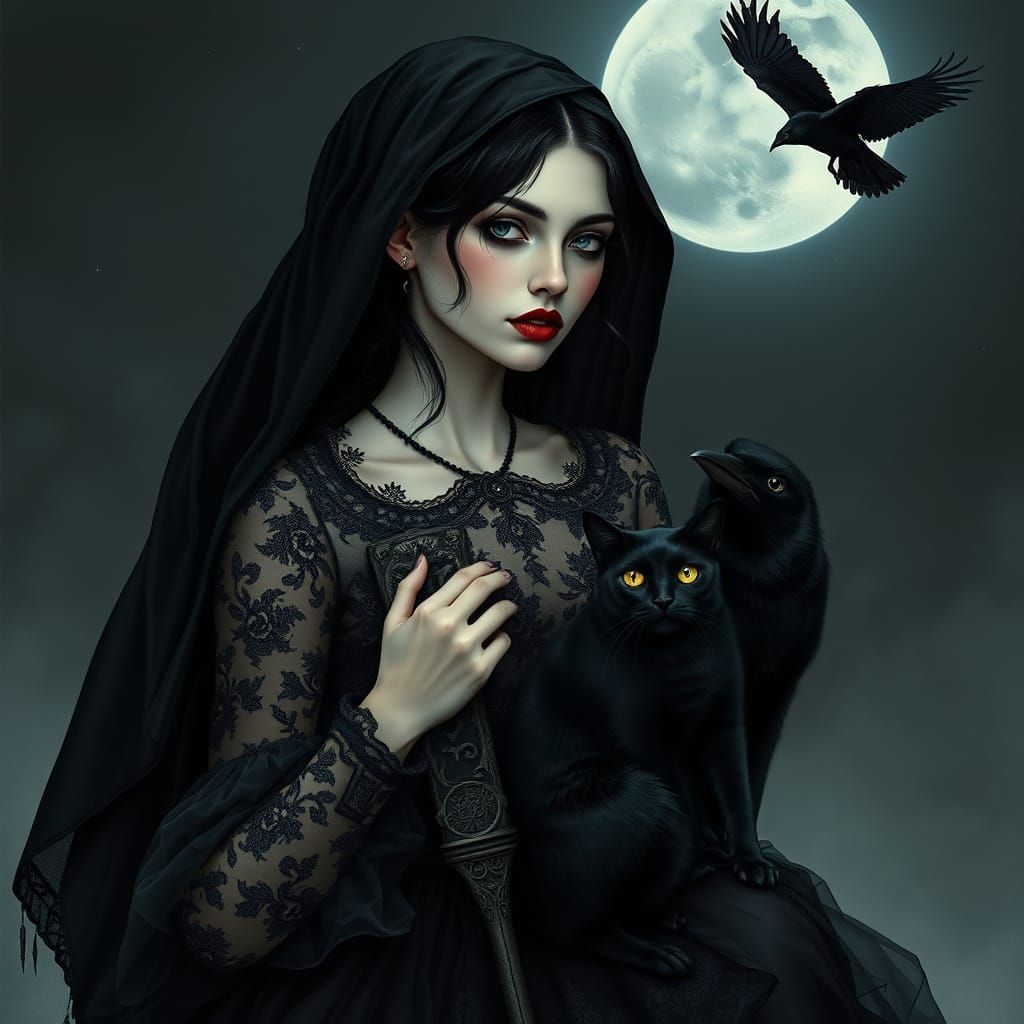 Enigmatic Gothic Beauty with Raven Tresses and Ancient Symbo...